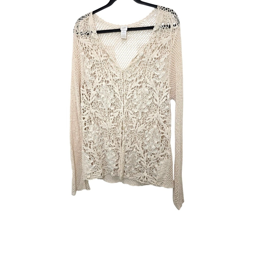 J. Jill Cream Crochet Knit Long-Sleeve V-Neck Sweater Size 2XL Lightweight Boho
